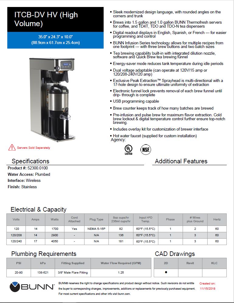 Bunn 52300.0100 ITCB-DV Infusion High Volume Single Coffee and