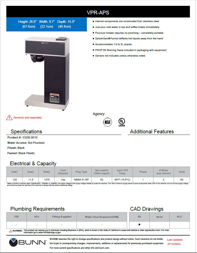 Bunn Coffee Brewer for Airpot Model # 33200.0010