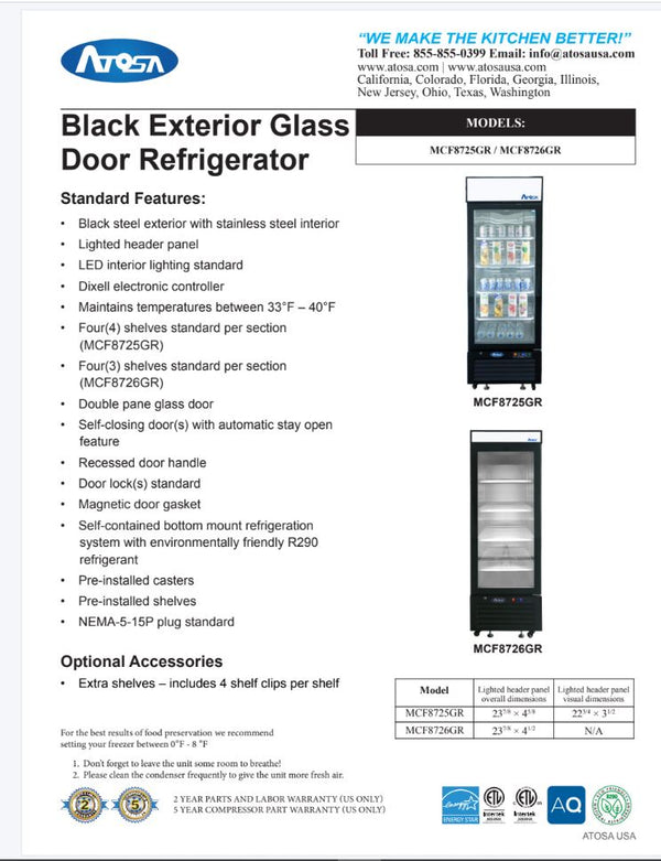 Atosa - MCF8725GR Bottom Mount (1) Glass Door Refrigerator 11.1 cu ft. - Black Cabinet